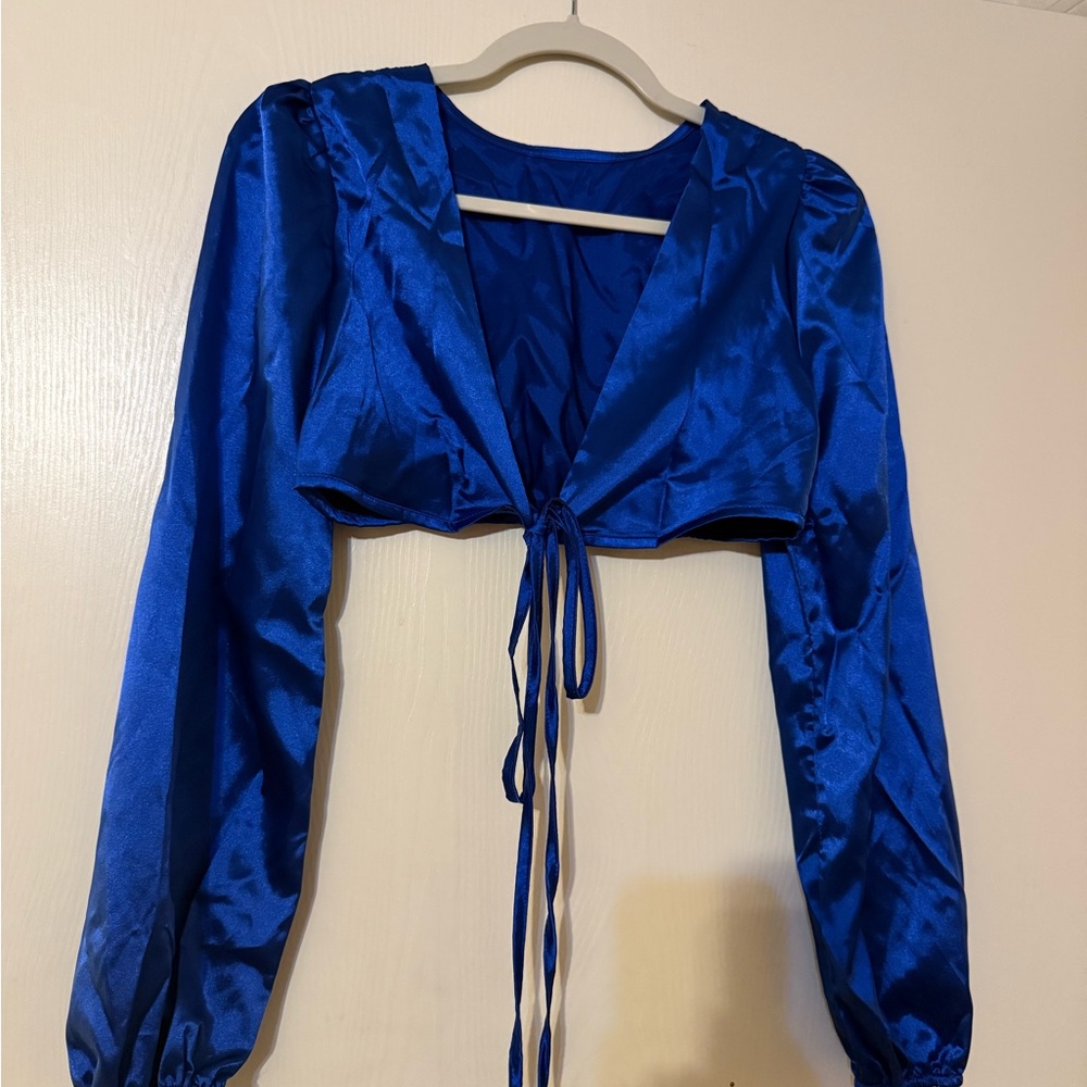 SHEIN Royal Blue Satin Blouse with Tie Detail
